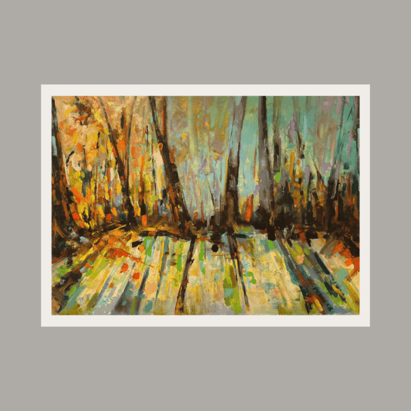 Original oil painting of sunlight breaking through trees along a canal path in the Peak District, with vibrant dappled light and shadows.