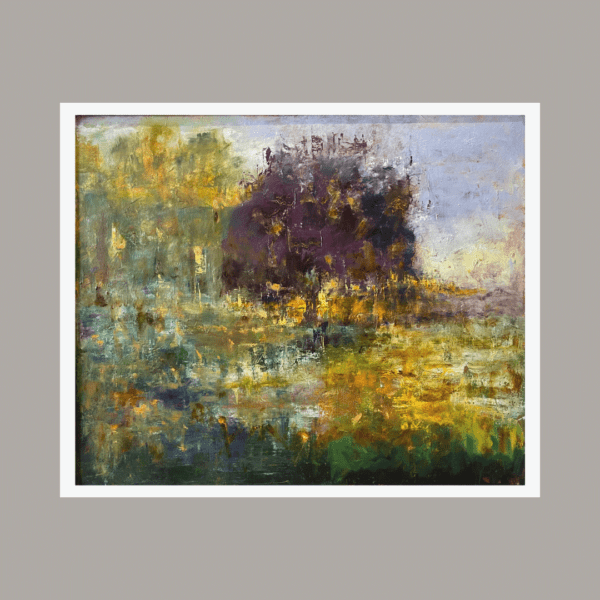 Original oil painting of an autumn scene with golden leaves, deep purple trees, and seasonal textures inspired by childhood conker picking